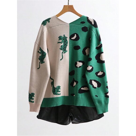 Women's Leopard Tiger Print Cardigan V Neck Long Sleeve Color Block Sweater - Picture 2 of 7